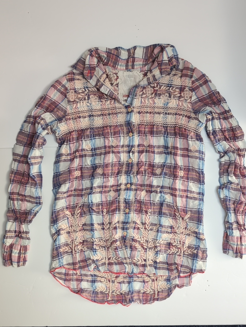 Johnny Was Workshop Pink Blue Plaid Embroidered Blouse